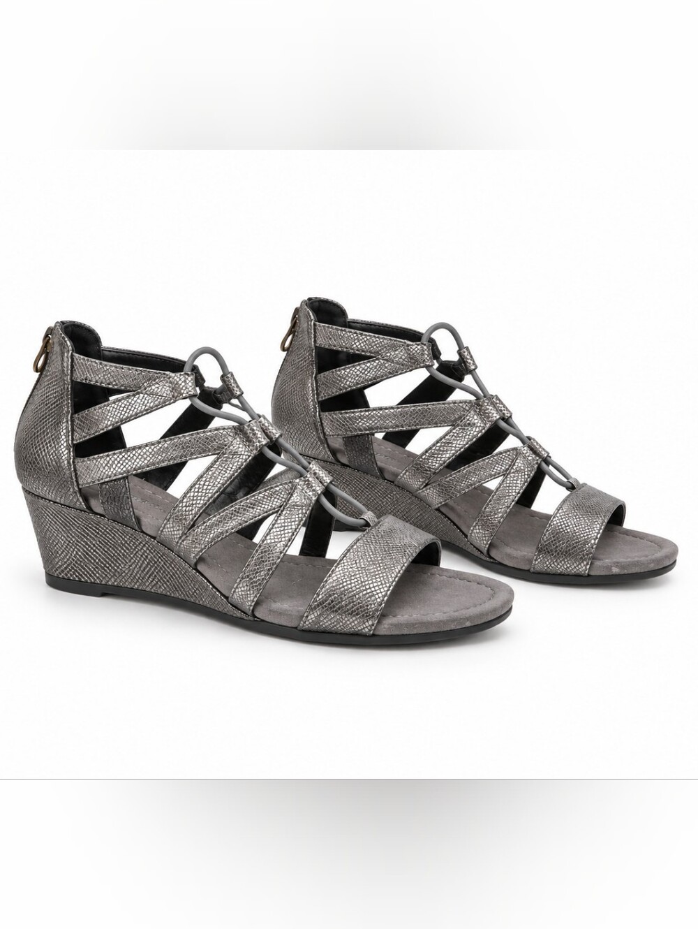 Metallic Gray Strappy Wedge Sandals. Open Toe, Stretch.